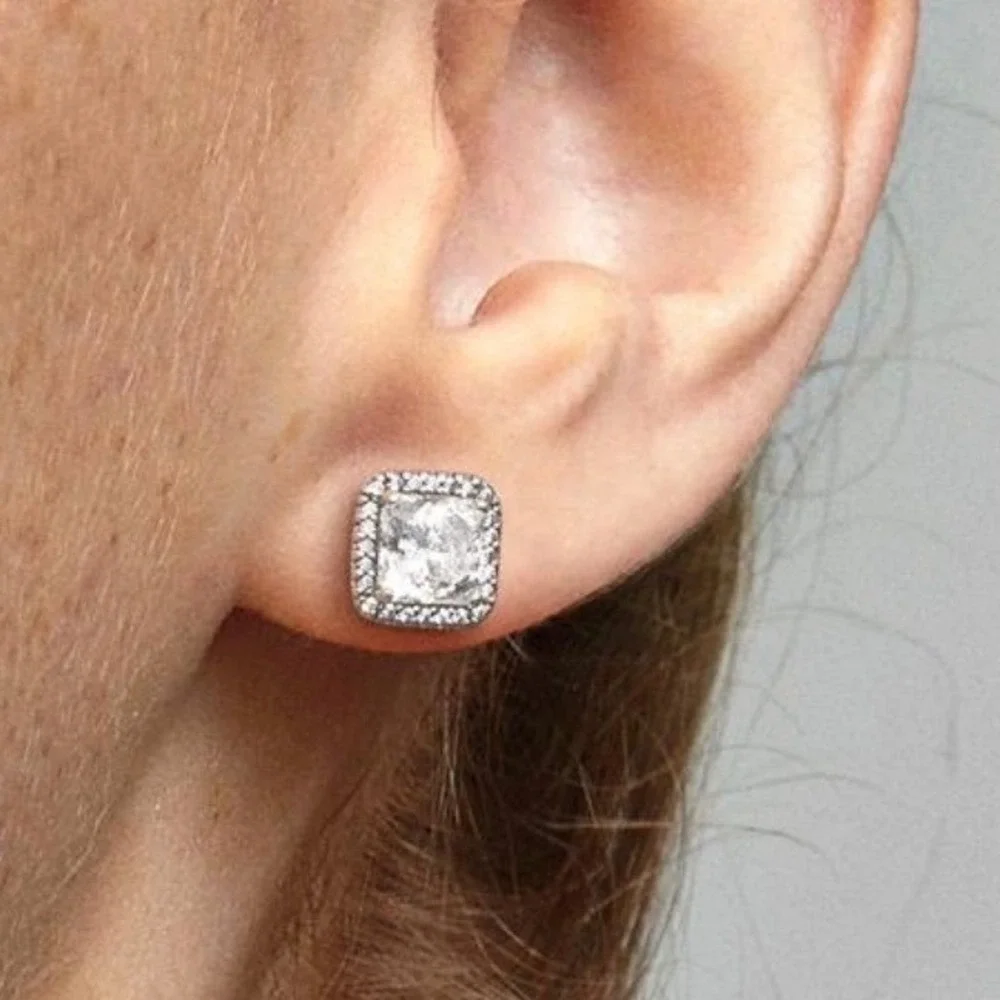 Pandora Timeless Elegance Sterling Silver Square Halo CZ Sparkle Stud Earrings